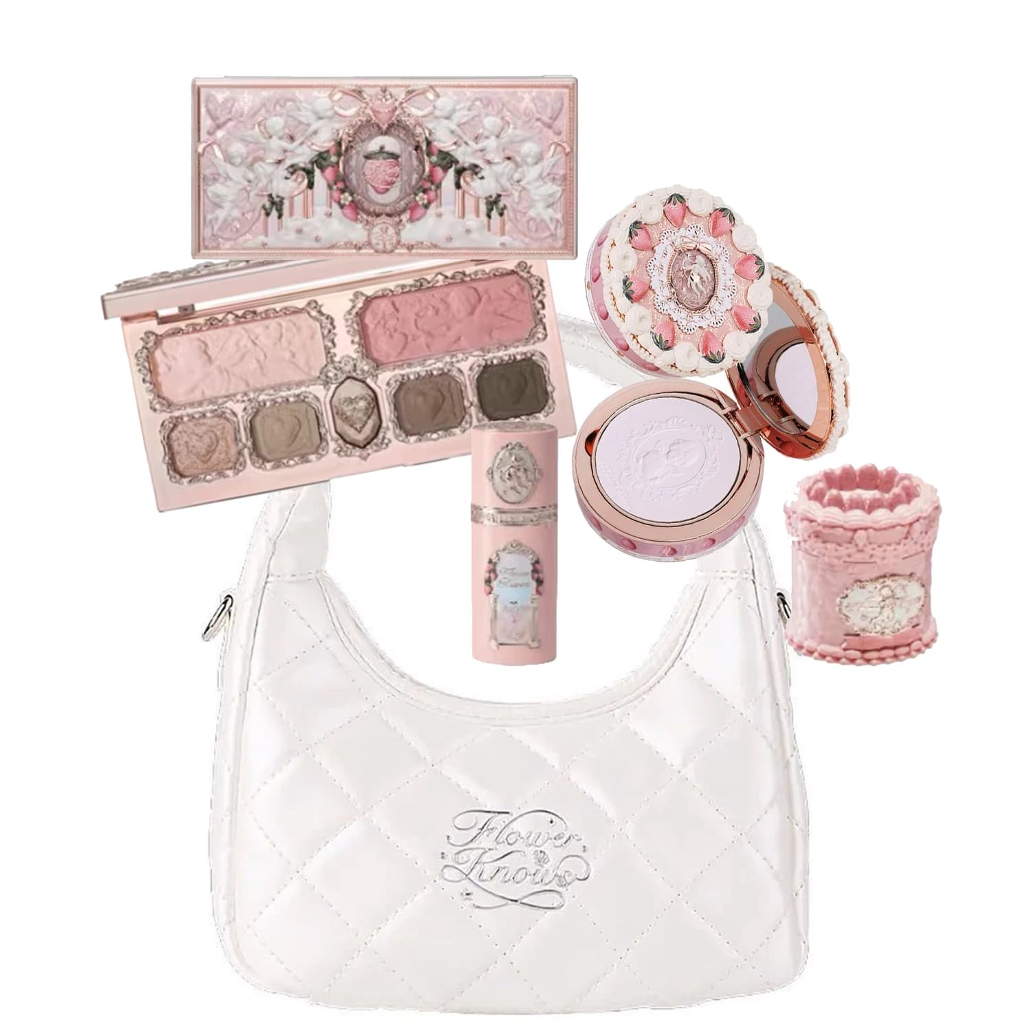 Set trucco professionale Flower Knows Strawberry Cupid per donna, kit completo in confezione regalo, con ombretto, crema labbra, fard e cipria compatta.
