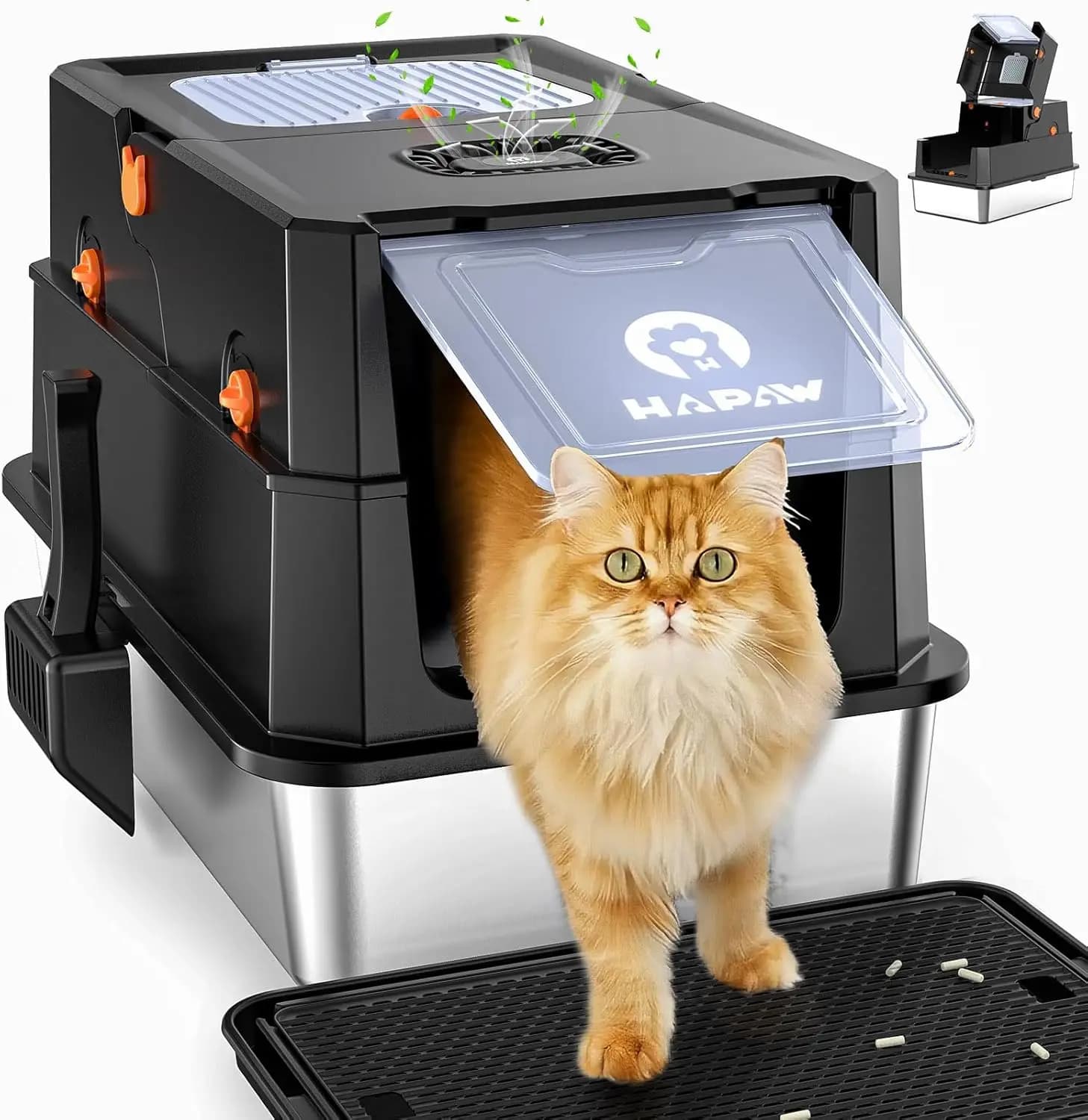 Lettiera per Gatti in Acciaio Inossidabile con Coperchio Ribaltabile, Design Anti-Perdita, Doppio Ingresso