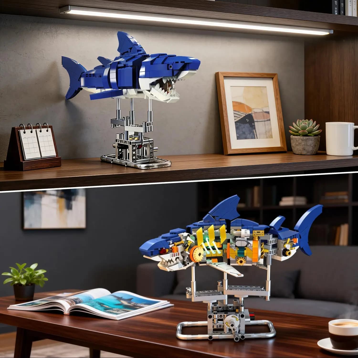Party Favors Mechanical Shark Building Set STEM Toy with LED Light Interactive Shark Building Block with Crank Mechanism, 687 PCS Sea Animal Birthday Christmas Gift for Adults Teens