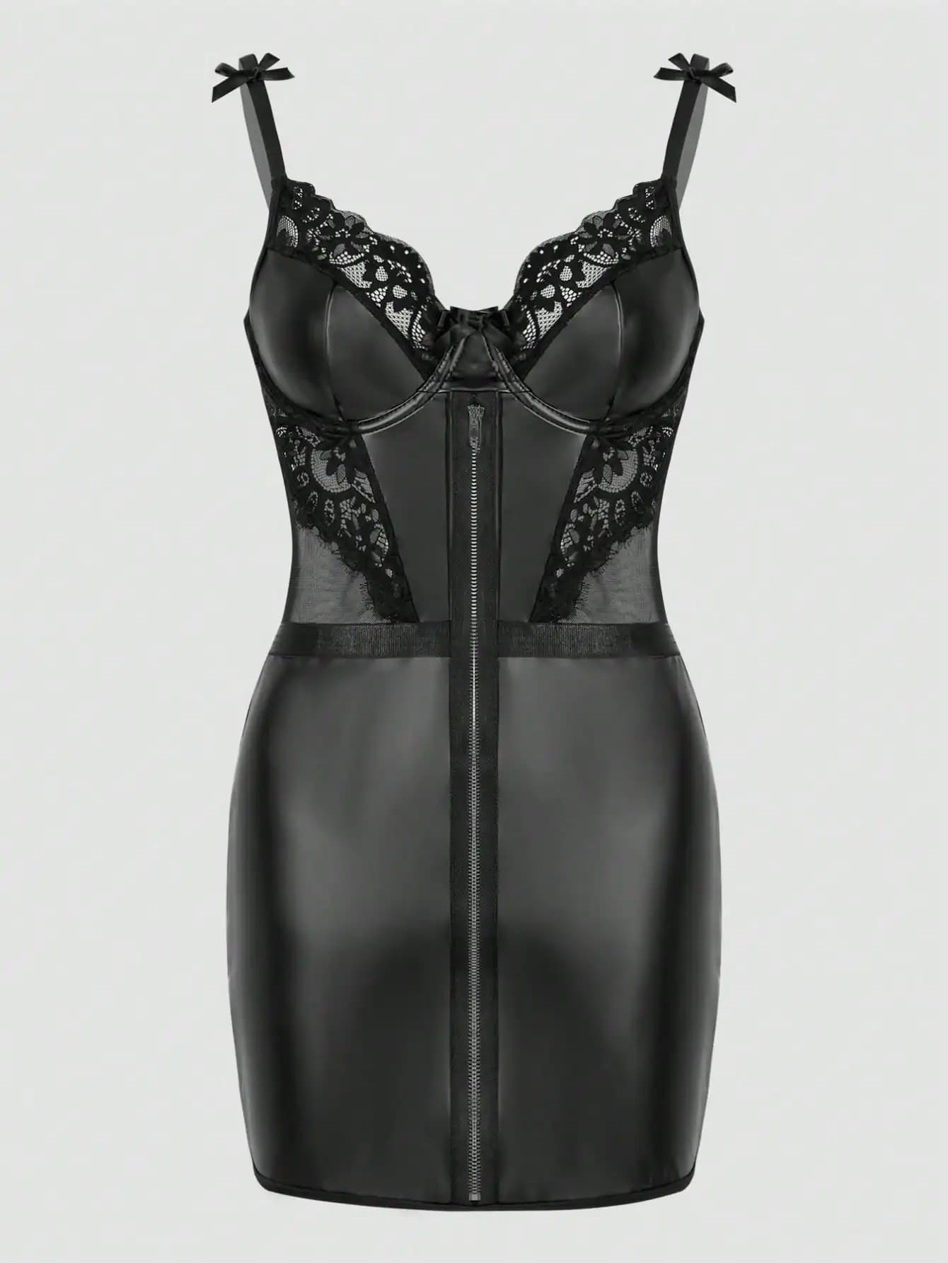 Black PU Leather Corset Dress with Lace Edge, Front Closure with Zip and Shoulder Straps