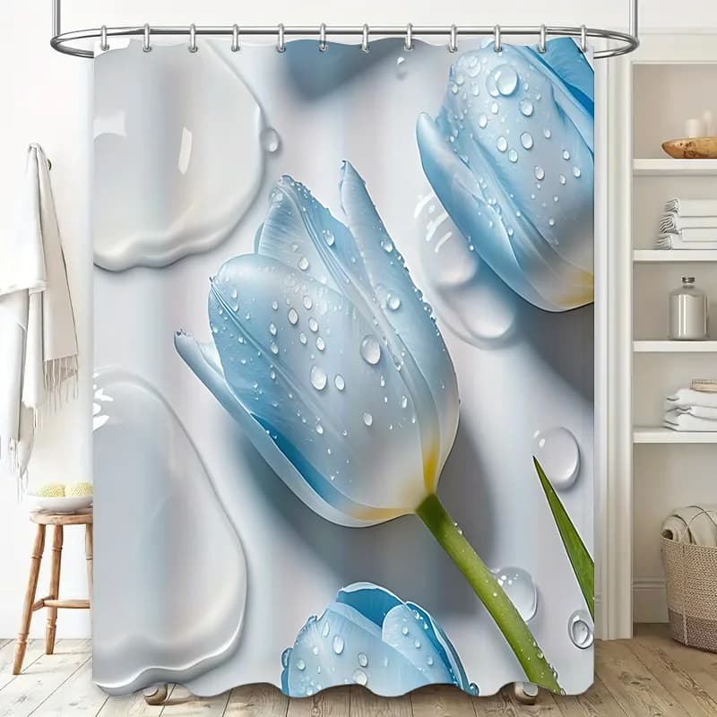 Tenda da doccia tulipano blu con design a gocce d'acqua - Decorazione da bagno elegante e moderna Ganci antiruggine durevoli e impermeabili ‌