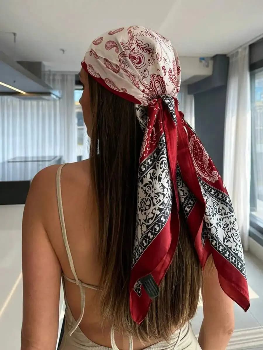 1pc Women's Red & White Paisley Print Scarf, 90cm Large Satin Square Scarf, Silky Soft Feel, Can Be Used As Headband Or Neckerch
