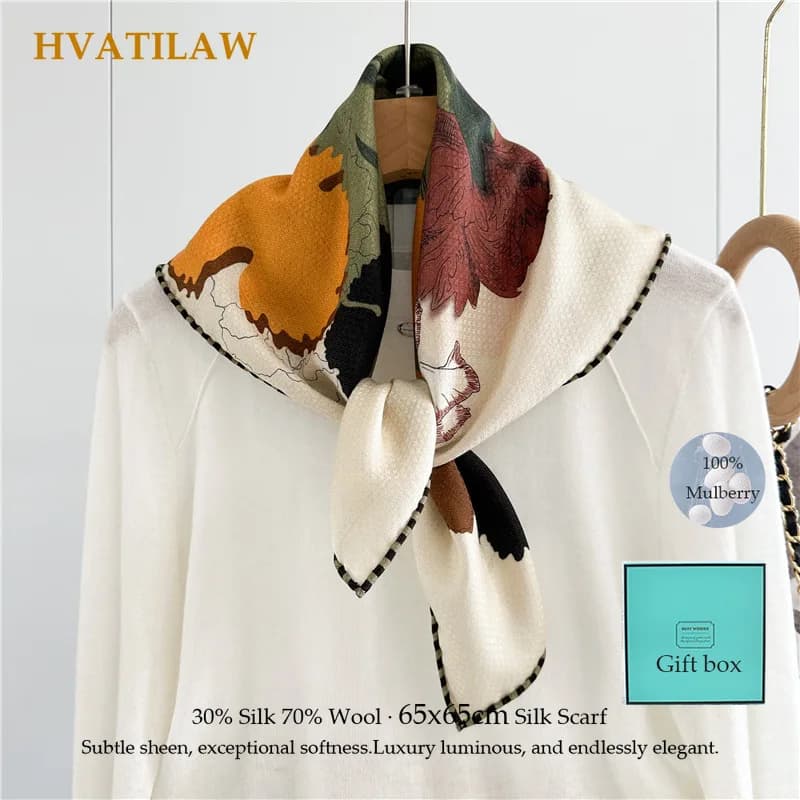 70% Wool 30% Silk 65x65cm Hair Scarf Small Square Silk Scarf Women Designer Print Head Scarf Hair Bandana Neckerchief Shawl Wrap