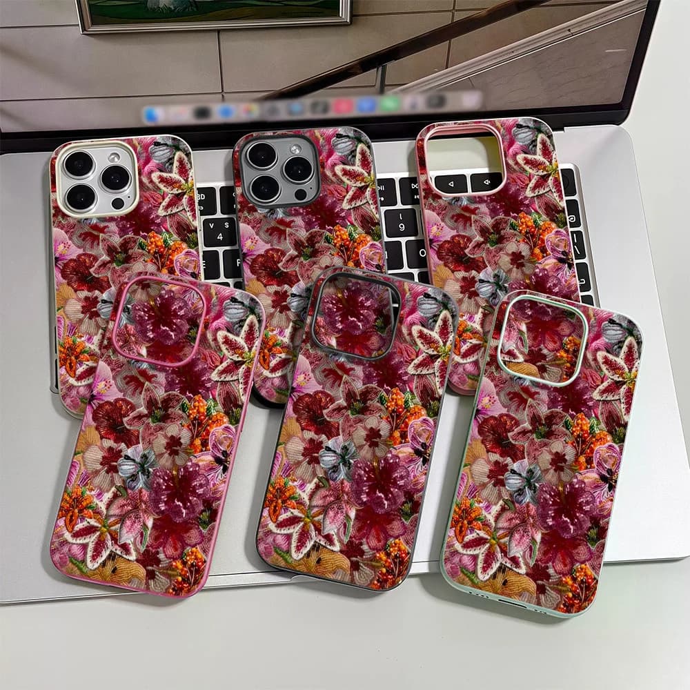Phone Case for Apple iPhone 17 16 15 14 13 12 Pro Max 17 16 15 14 13 12 11 Air Cases Luxury Embroidered Bouquet print Shockproof