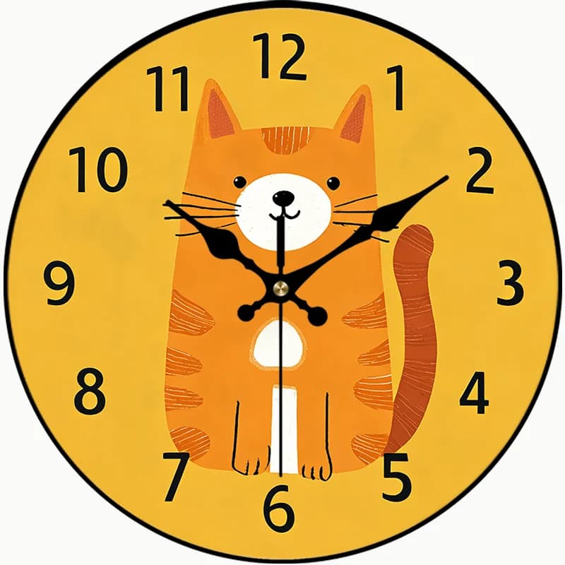 2D Piatto. Orologio da parete: design con gatto arancione, decorazione calda per la casa, orologio rotondo silenzioso, decorazione perfetta
