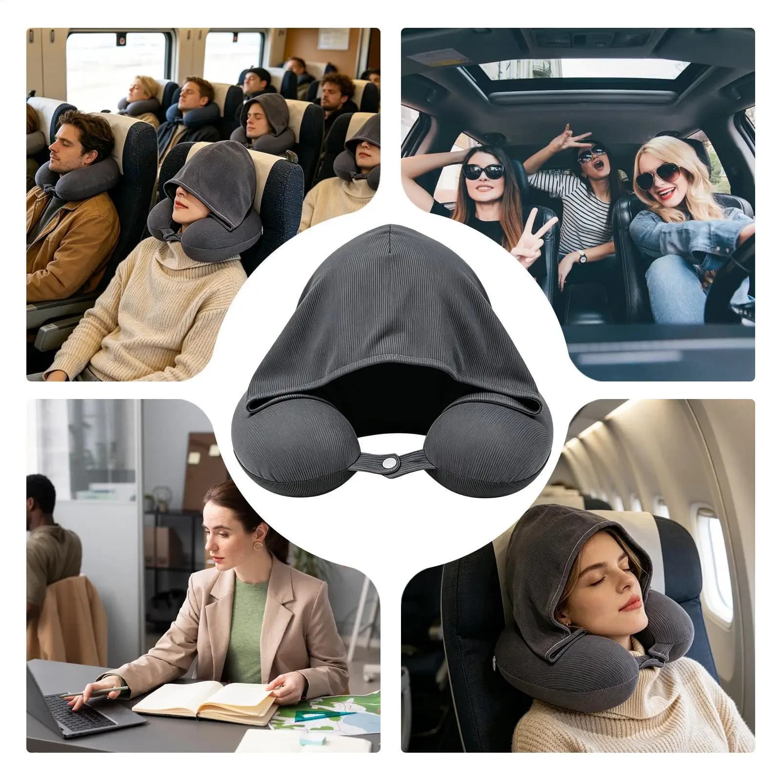 Cuscino da viaggio per il collo con cappuccio, regolabile con fibbia, a lento ritorno, con ampio cappuccio, per uomo, donna, adulti, anziani, per auto