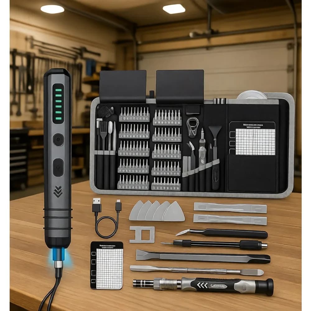Kit Cacciavite Elettrico Compatto 140 in 1 Senza Fili, 5 Impostazioni di Coppia, 120 Punte, Luce LED, Strumento di Riparazione Magnetico per Elettronica