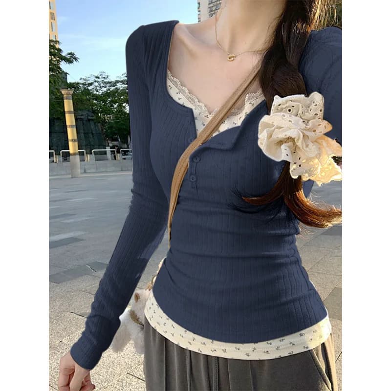 Tendenza Moda Donna 2026: Completo Due Pezzi in Pizzo Jacquard Tinta Unita, T-Shirt a Maniche Lunghe Y2K Slim Fit, Stile Sweet & Spicy Girl
