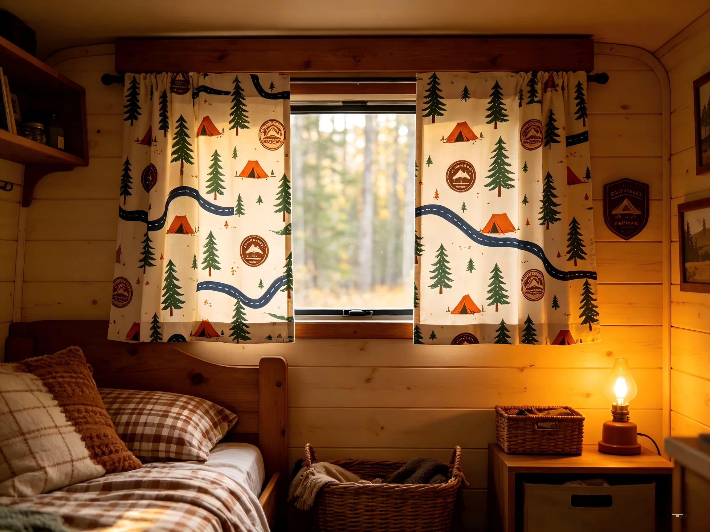 200116 Vintage camping printed twill fabric short curtain