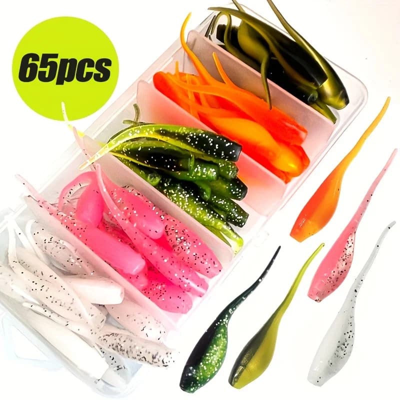 Kit esche da pesca morbide TAKBAS da 65 pezzi - Crappie, spigola, trota, Walleye Swimbaits, materiale PVC, senza piombo, set in scatola per acqua dolce
