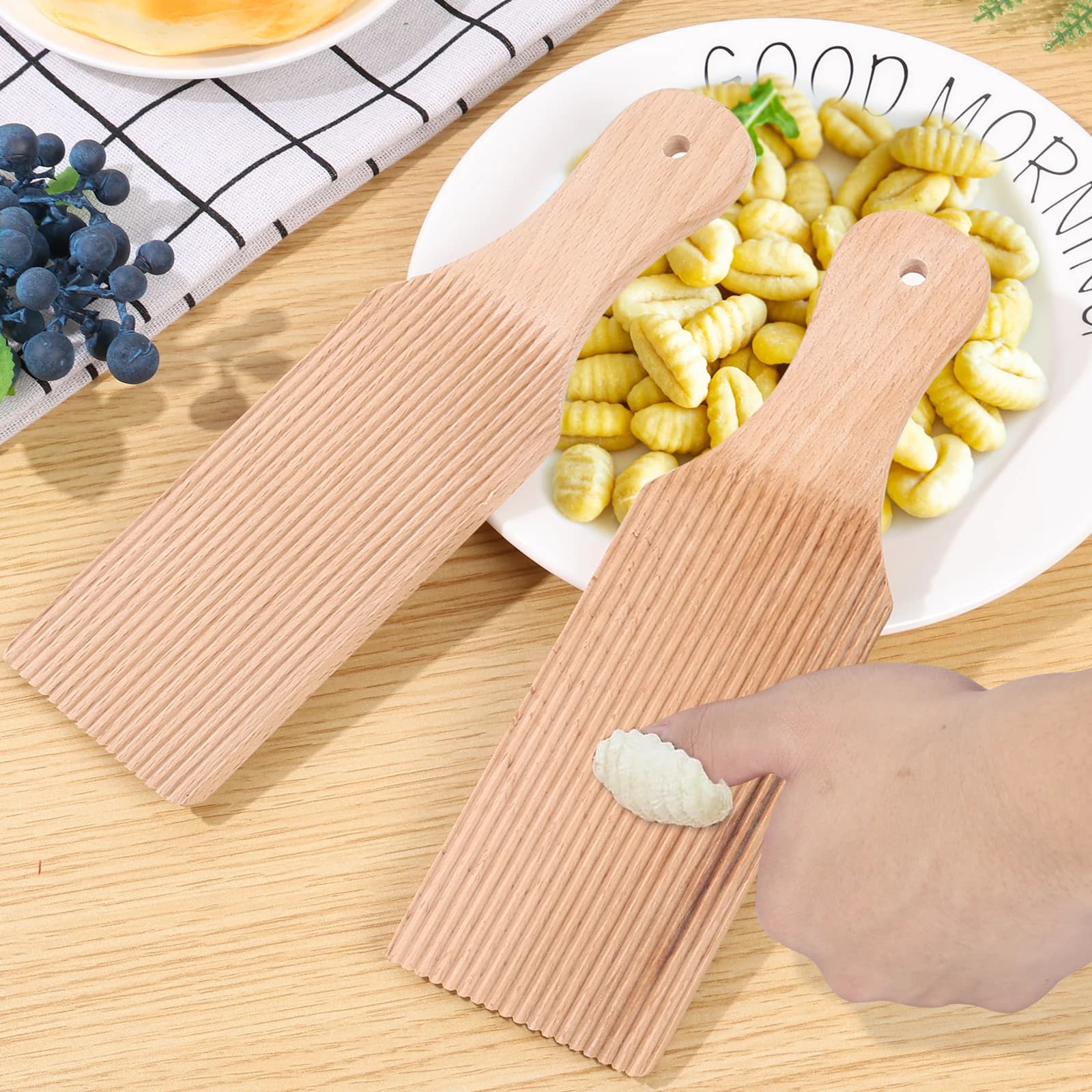 Set di 4/2 Pezzi: Tergi-Pasta in Legno per Gnocchi e Cavatelli, Utensile da Cucina per Fare Gnocchi Fatti in Casa