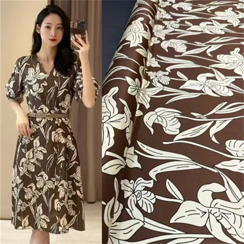 Fashion Summer New Brown Narcissus Print Elastic Twill Satin High-quality Hand Sewn Shirt Dress Clothing Designer Silk Fabric