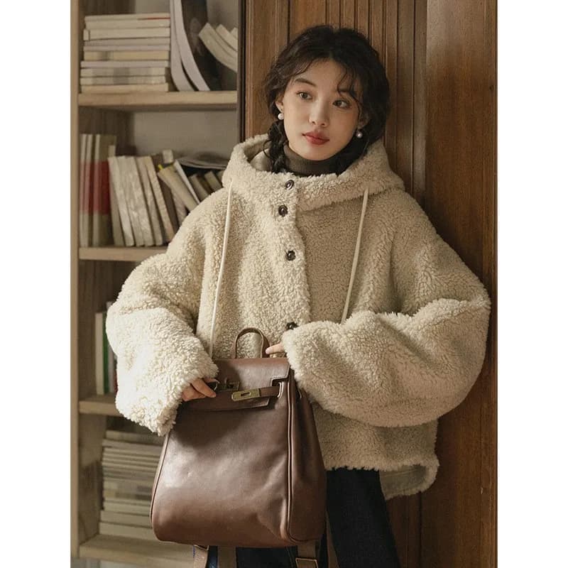 Johnature Giacca invernale coreana casual calda con cappuccio in lana di agnello corta in cotone Cappotti da donna semplici e versatili