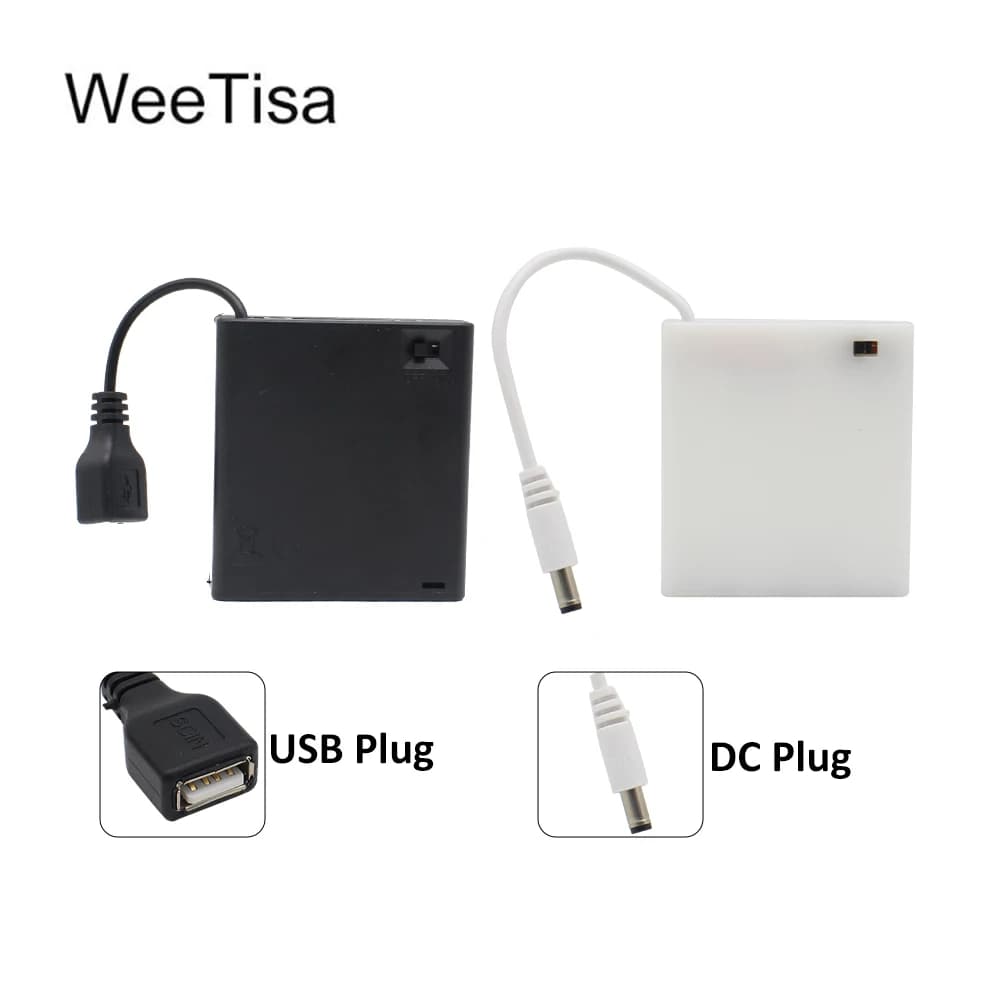 4X AA USB/DC Power Battery Box Storage Case Holder LR6 Container con cavi a filo per luci di striscia a LED