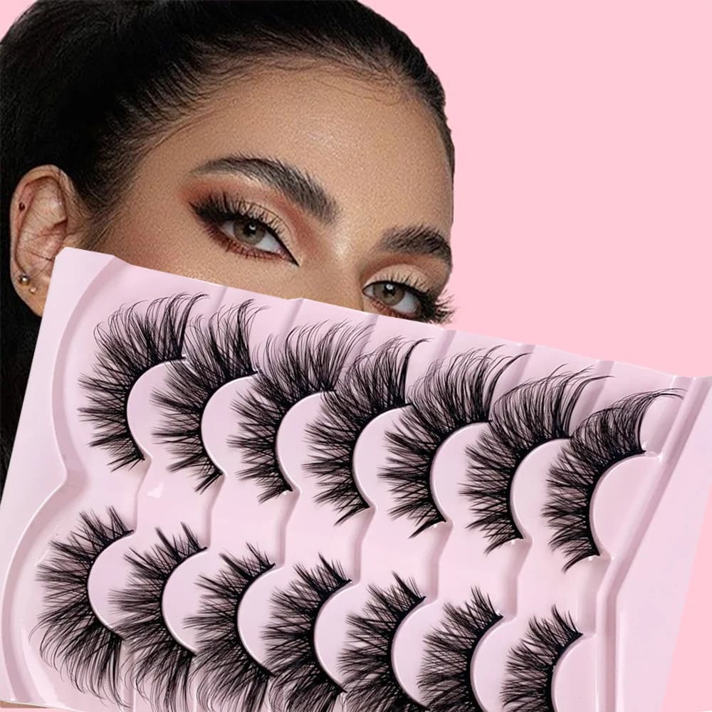 7 paia di ciglia finte con stelo nero stile Fox Eye, soffici e arricciate, riutilizzabili, con angoli esterni estesi per il trucco quotidiano