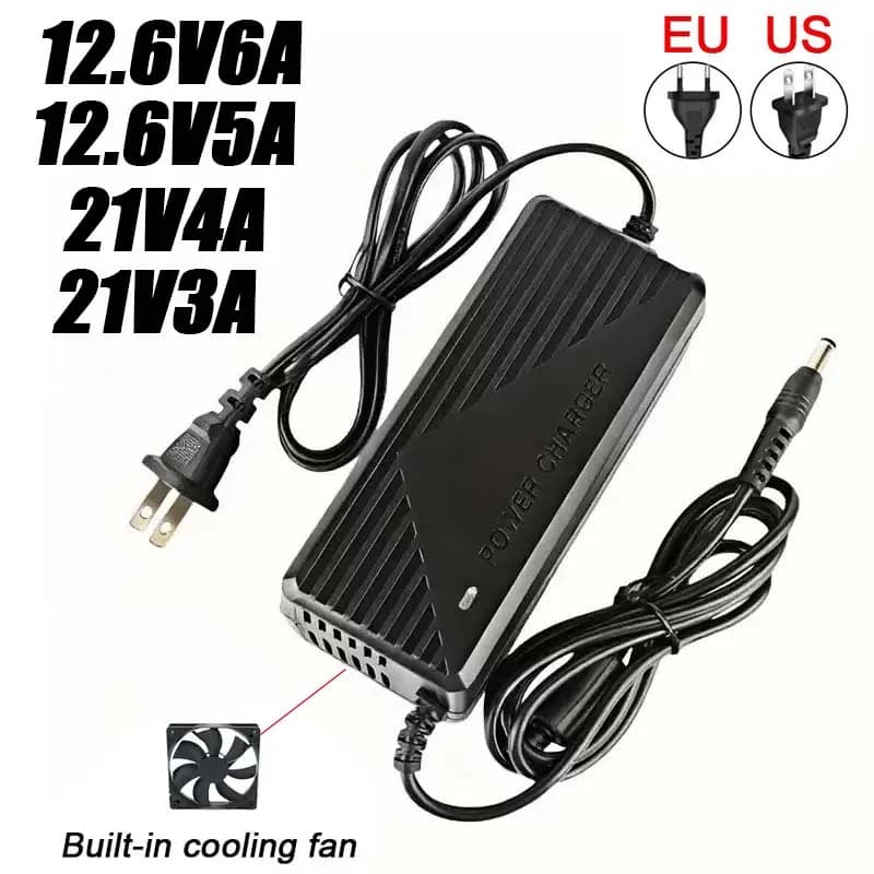 Caricabatterie Rapido 12.6V5A 6A 21V3A 4A per Batterie al Litio 18650 con Ventola di Raffreddamento, Connettore DC 5.5*5.2mm, Spina US EU