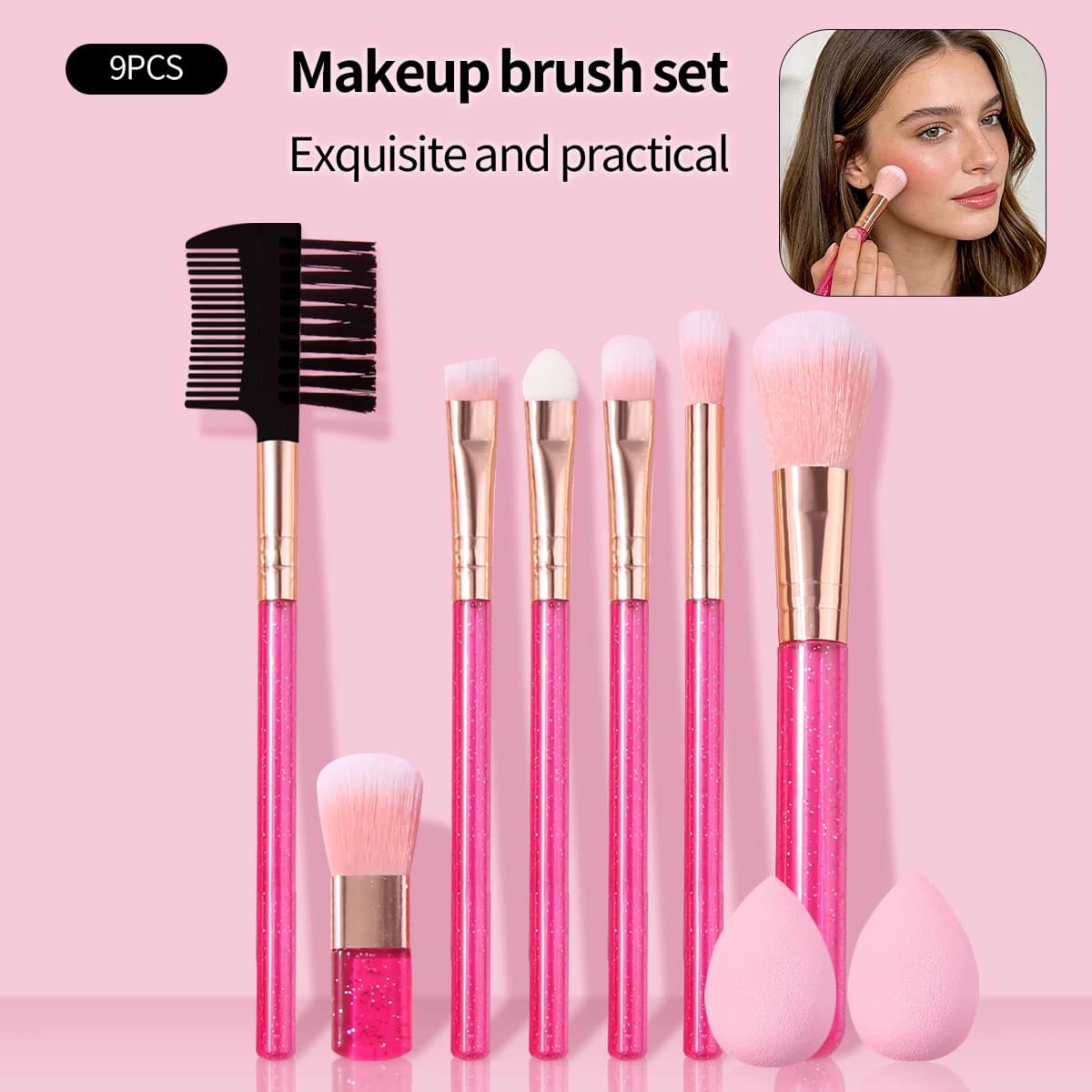 Set di 9 mini pennelli per trucco rosa - pennello per fondotinta da viaggio, pennello per blush, pennello per ombretto con spugnetta per il trucco