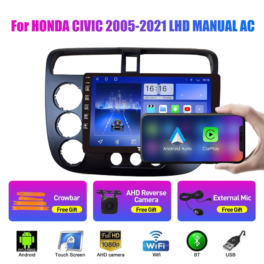 Autoradio da 10.33 pollici perHONDA CIVIC 05-21 LHD 2Din Android Octa Core Car Stereo DVD Lettore di navigazione GPS Schermo QLED Carplay