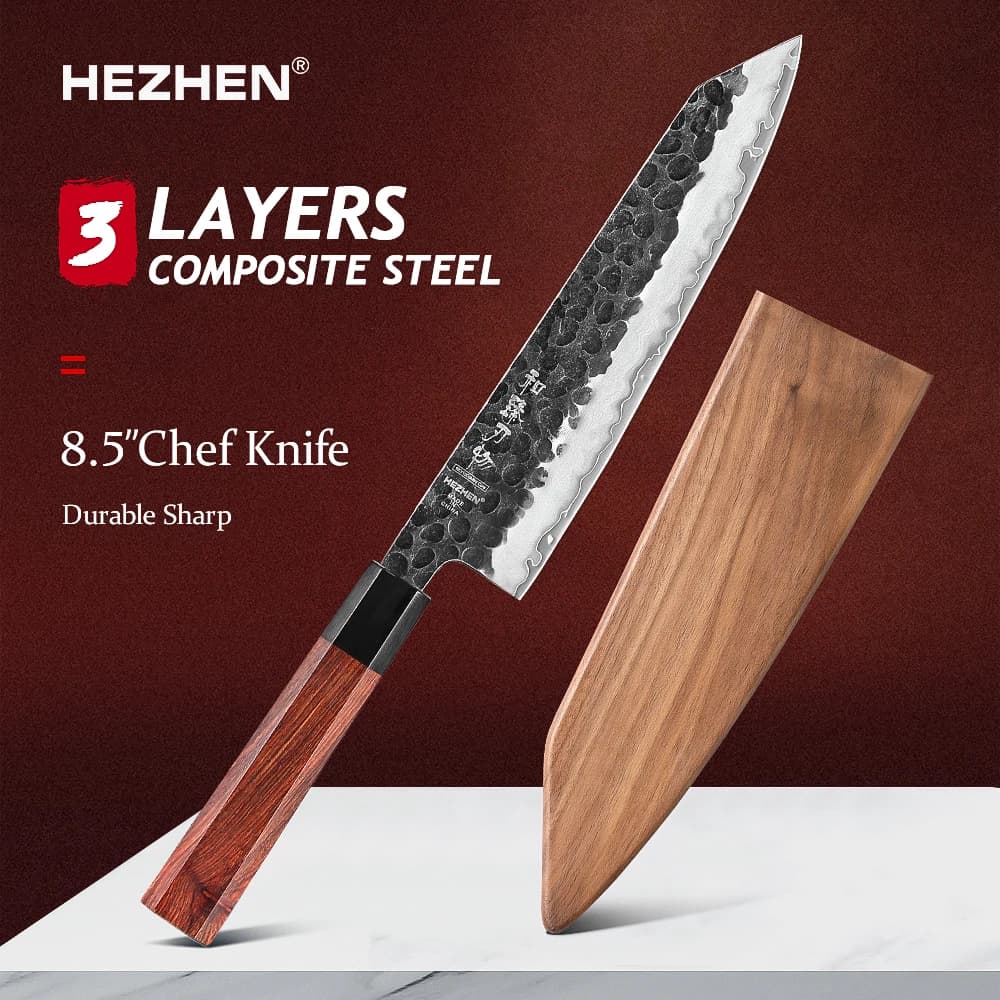 HEZHEN 8.3 inch cook knife 3 layers Composite steel Kitchen accessories with high quality red wooden handle
