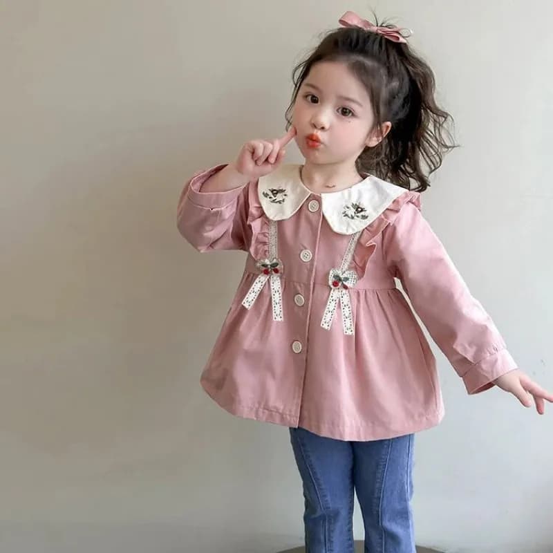 Cappotto da ragazza primaverile e autunnale Nuovo stile Giacca a vento con colletto per bambola per bambini Top in vita casual