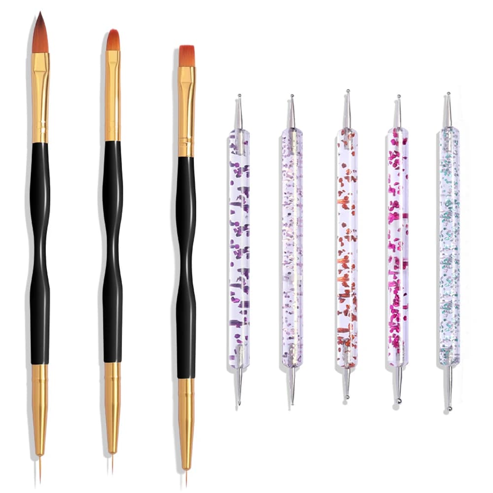 8Pcs Nail Art Brush Design Tip Painting Drawing Carving Dotting Pen FlatFan Liner Acrylic Gel UV Polish Manicure Tools