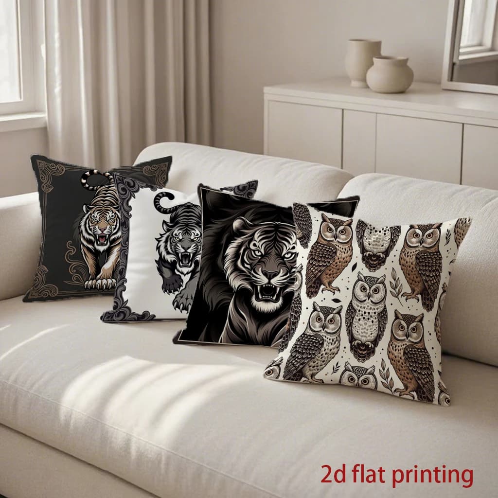 2D digital print pillow lining with tigers and owl pattern, suitable for sofa, bedroom, car