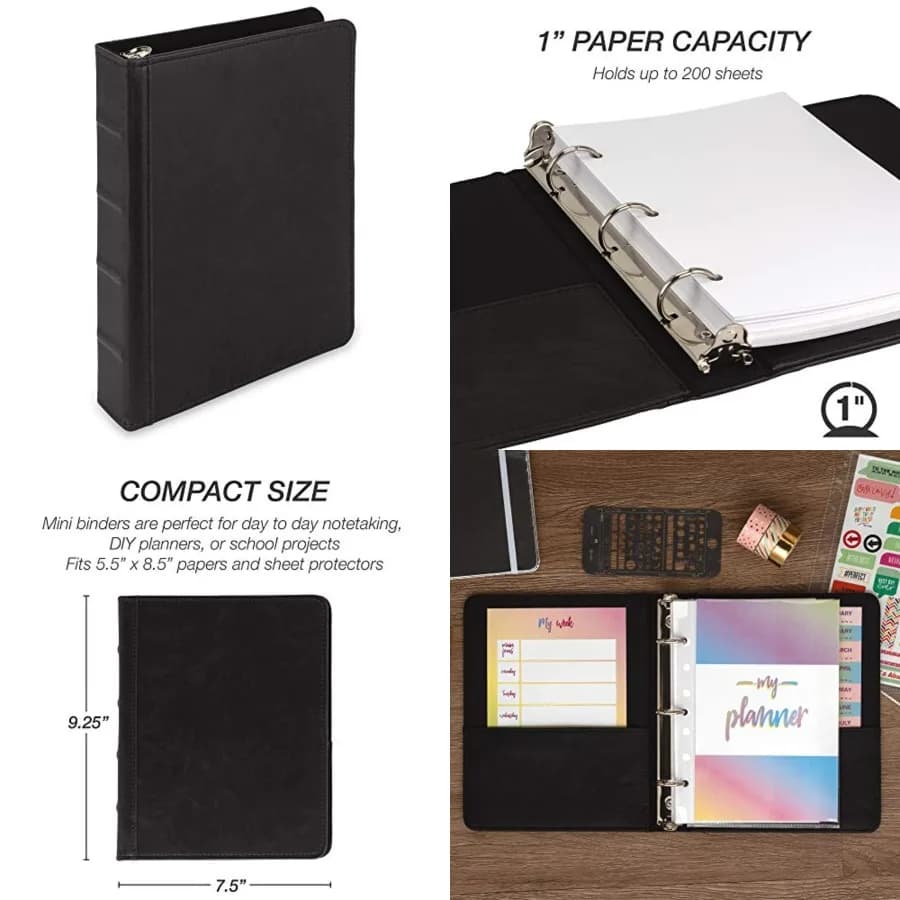 Mini raccoglitore vintage in pelle a 3 anelli, con anelli rotondi, contiene 00 fogli, documenti da 5,5 x 8,5 pollici, organizer professionale, agenda, taccuino