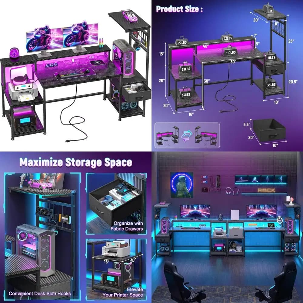 LED illuminated gaming desk with holders, drawers and monitor support for improved computer configuration