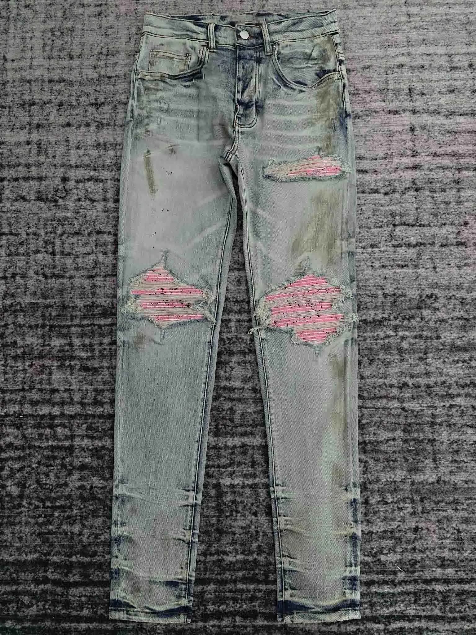 men dirty washed pink ribbed patch distressed jeans