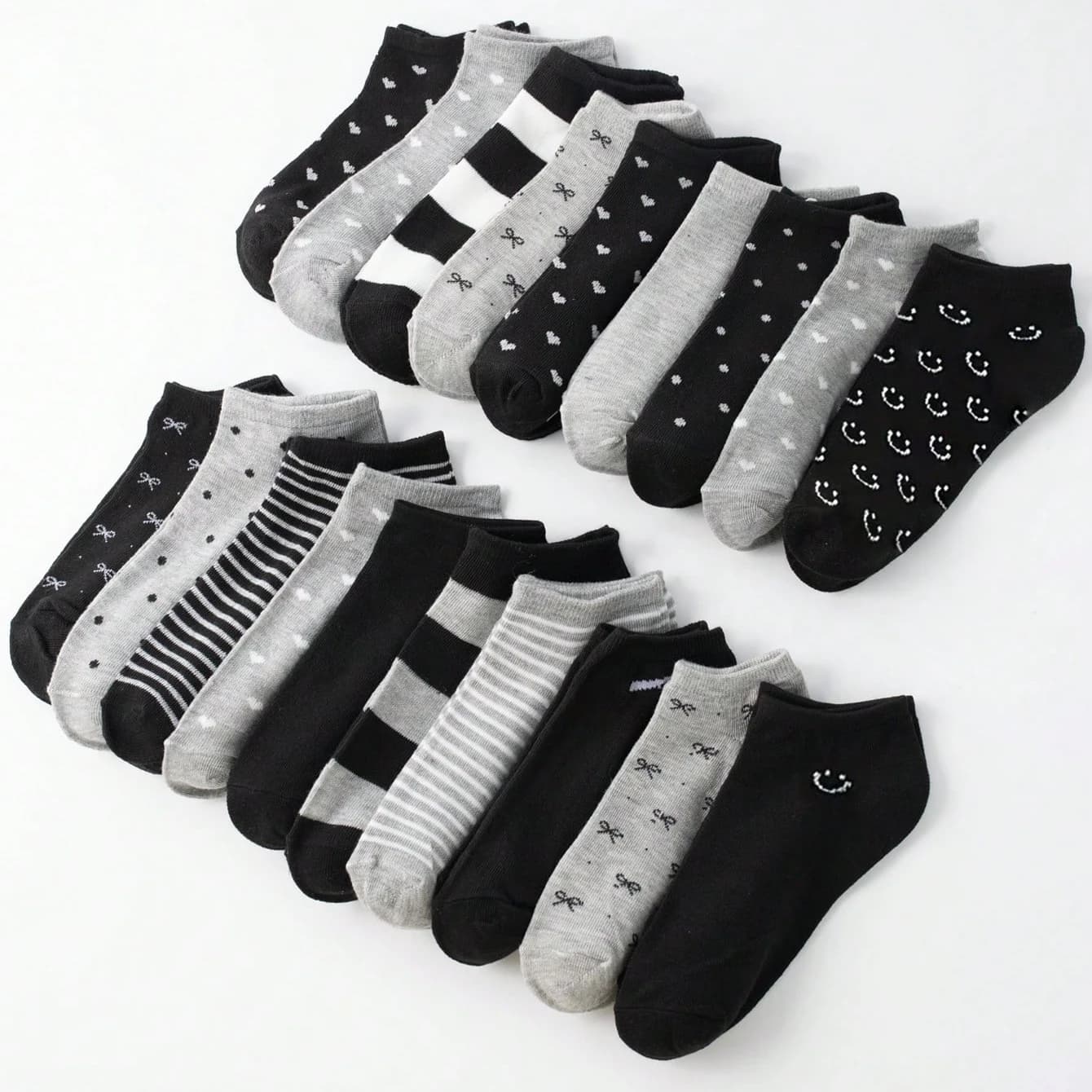 20 Pairs Women/Men Family Matching Short Socks, Black & Grey Series With Bow, Heart, Stripe