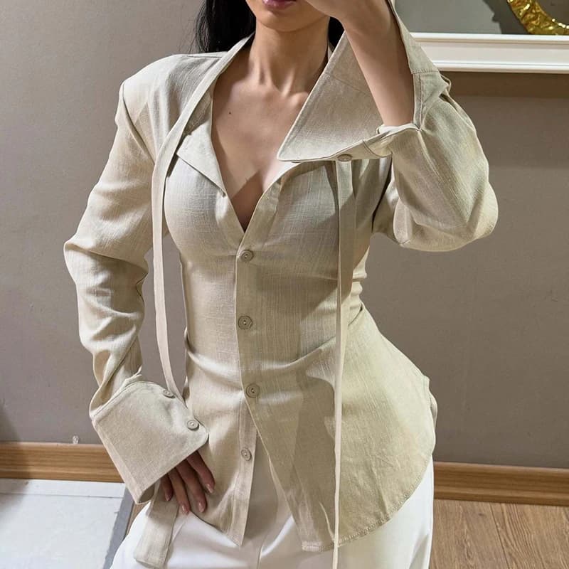 Camicette Eleganti da Donna a Maniche Lunghe con Colletto a Risvolto e Bottoni, Tinta Unita, con Lacci, per Ufficio, Collezione Primavera Estate 2026