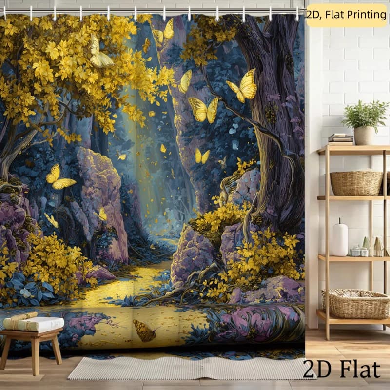 Tenda da doccia 2D piatta, 1 pezzo, con bellissimo design a farfalle e foresta, realizzata in tessuto di poliestere. Questo B