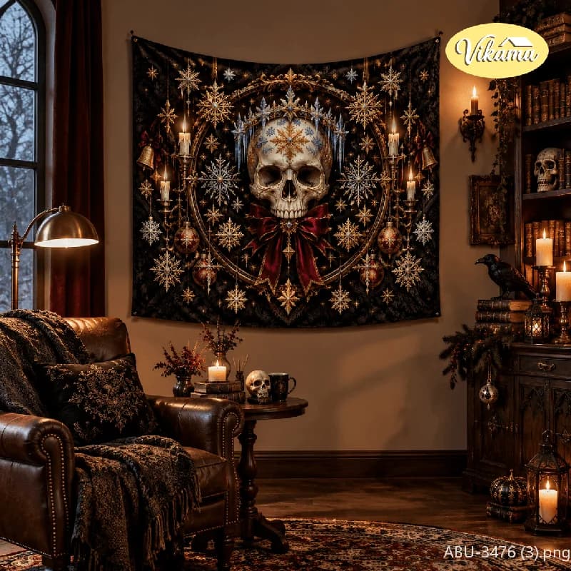 VIKAMA Gothic Skull Snowflake Crown Wall Tapestry Bow Candle Gold Frame Dark Christmas Home Decor Vibrant Art Soft Durable Cozy