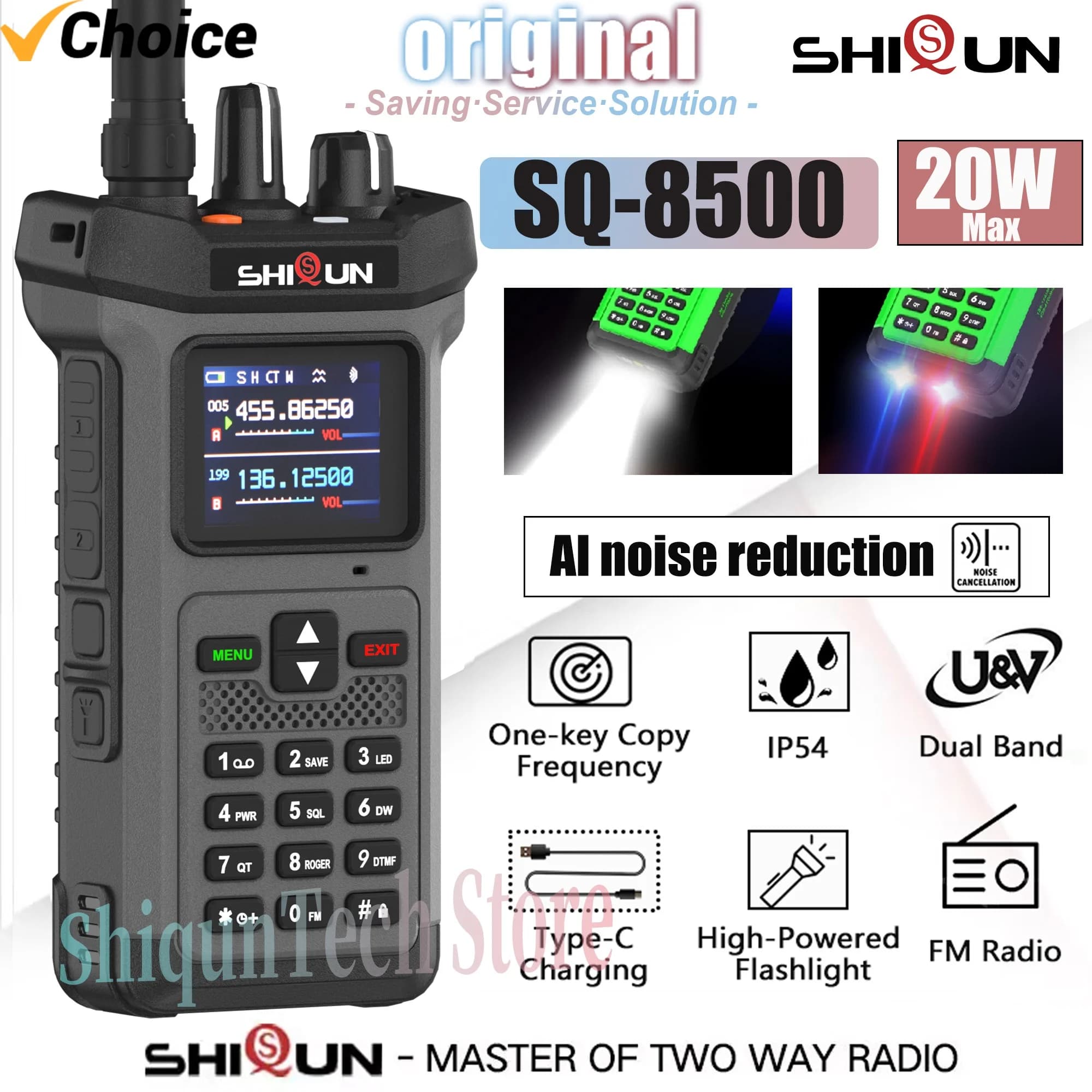 SQ-8500 20W Walkie Talkie ad alta potenza AI Riduzione del rumore Ricarica inversa Forte torcia elettrica Luci stroboscopiche VHF UHF Radio dual band