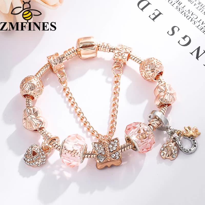 32 Style Rose Gold Brand Charms Bracelet For Women DIY Crystal Butterfly Charms Beads Dream Catcher Pendant Jewelry Dropshipping