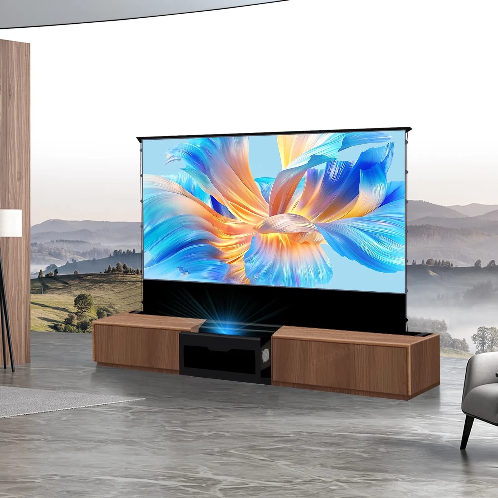 Schermo di Proiezione Motorizzato a Tiro Ultra Corto 100-150'' + Mobiletto Integrato per Proiettore UST per Home Theater
