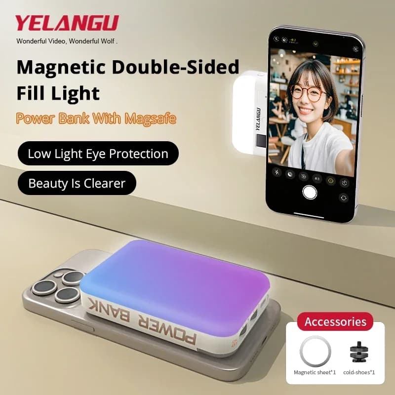 Luce di riempimento RGB con ricarica wireless magnetica bifacciale per riprese e selfie di telefoni cellulari - Accessorio di illuminazione portatile