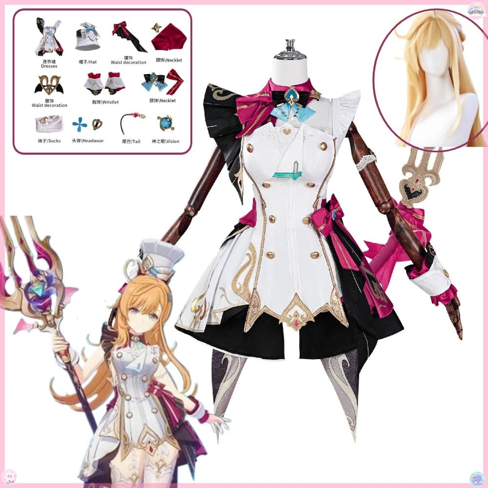 Genshin Impact Escoffier Costume Cosplay Abito da torta rosa Abito Lolita Kawaii con cappello e parrucca Set per donna Uniforme a tema gioco