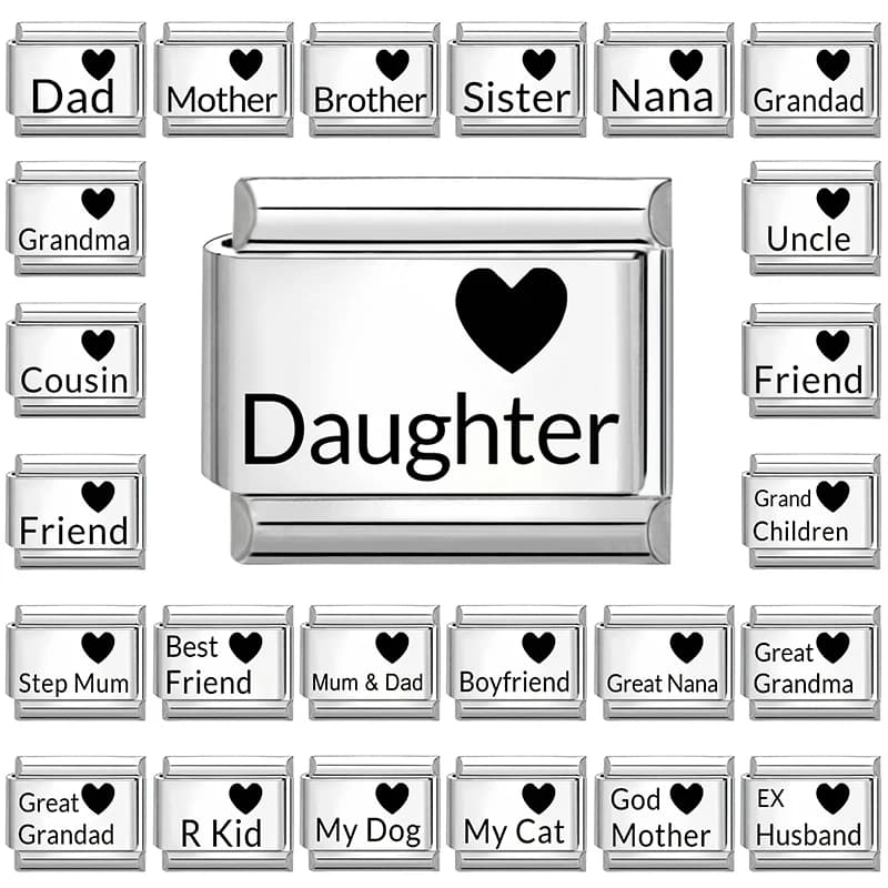 Charm in Acciaio Inox 9mm con Incisione Laser Y2K 'I Love Wife Dad Mother Sister' Stile Italiano per Bracciali Fai-da-Te, Regalo per Donne
