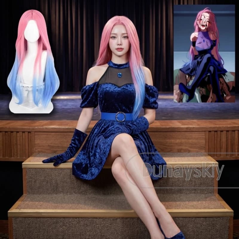 Costume Cosplay Alien Stage Mizi con Parrucca, Abito in Velluto con Spalle Scoperte, Collo Halter, Pannello in Rete Trasparente, Spilla con Gemma e Cintura Blu con Fibbia