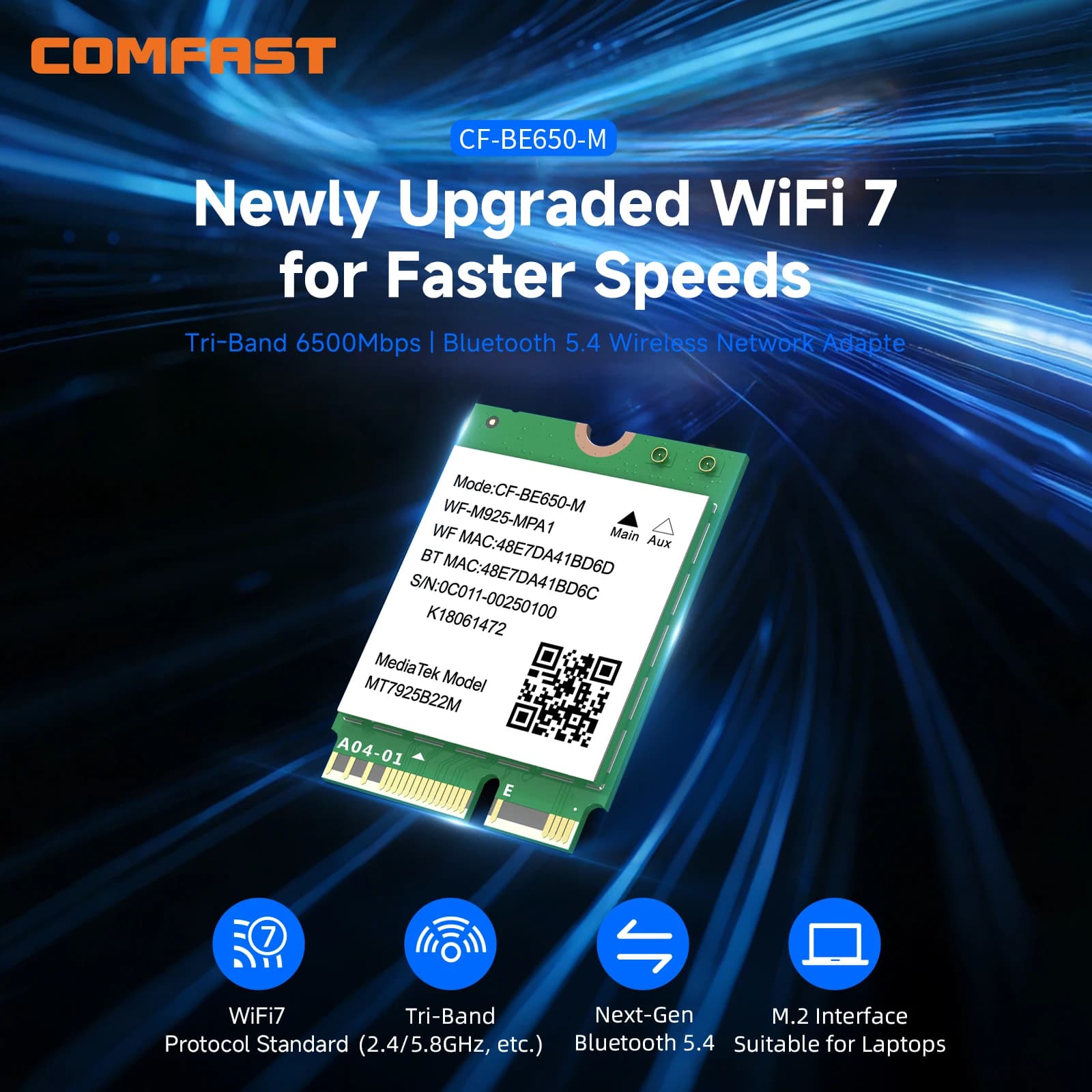Scheda di rete Comfast WIFI7 6452Mbps con ricevitore Bluetooth 5.4, scheda wifi PCIE con antenna 2*5dBi, supporto crittografia WPA3, compatibile con Linux / Win10/11