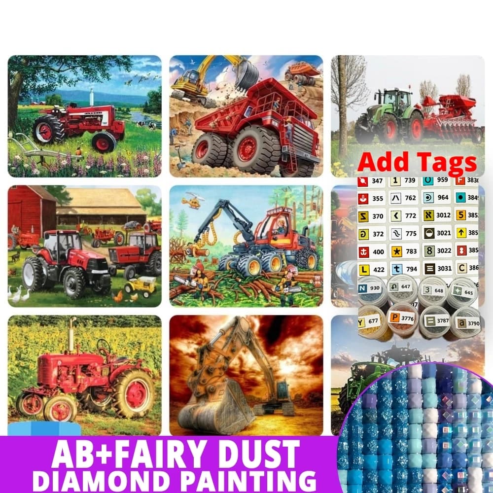 With Symbol Sticker AB Fairy Dust DIY Diamond Painting Agricultural Vehicle Excavator Harvester 5D Full Embroidery Cross Stitch
