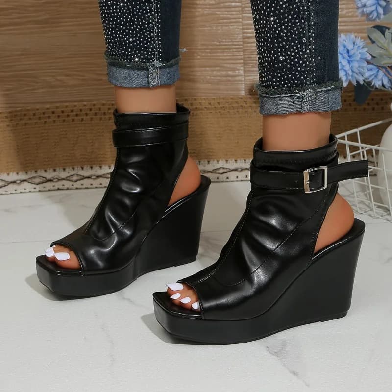 Sandali Open Toe Casual con Plateau a Zeppa Alta, Stile Fish Mouth, Plissettati, con Finitura Filettata e Raffreddamento ad Aria