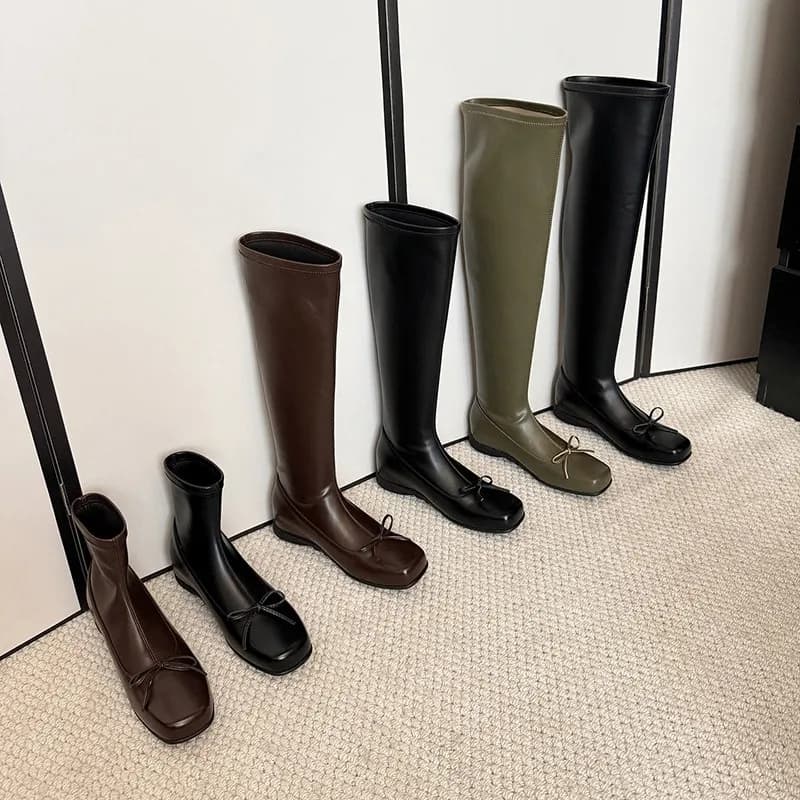MKKHOU Fashion Knee Over Boots Women's New High Quality Genuine Leather Boots Square Head Bow Middle Boots Short Boots Women