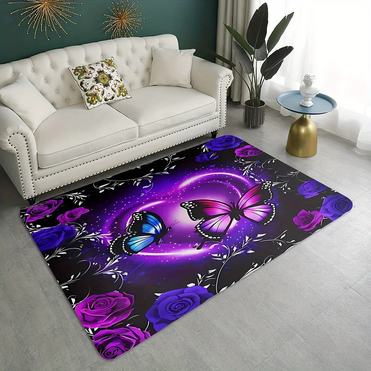 1Pc Purple Butterfly Flower Printed Floor Mat for Living Room, Machine Washable, Non-Slip and Durable Home Entrance Mat, Soft Bedroom Bedside Rug, Anti-Fatigue Kitchen Carpet, Home Decoration Floor Mat