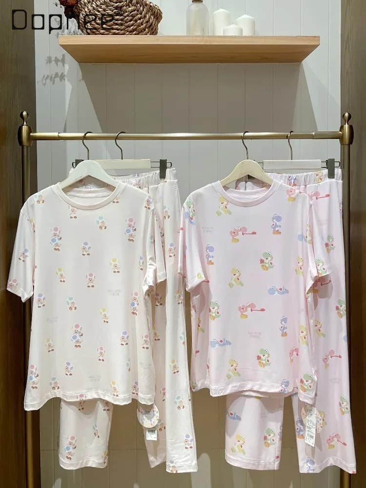 Japanese Sweet Cute Cartoon Printed Pajamas Set Crew Neck Short-sleeved Top Shorts Two-piece Set Loose Casual Women's Loungewear