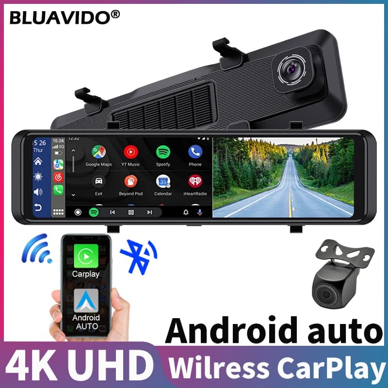 Dash Cam a doppia lente 4K con CarPlay wireless/Android Auto, controllo vocale, sensore G e monitor di parcheggio Registratore specchietto retrovisore per auto