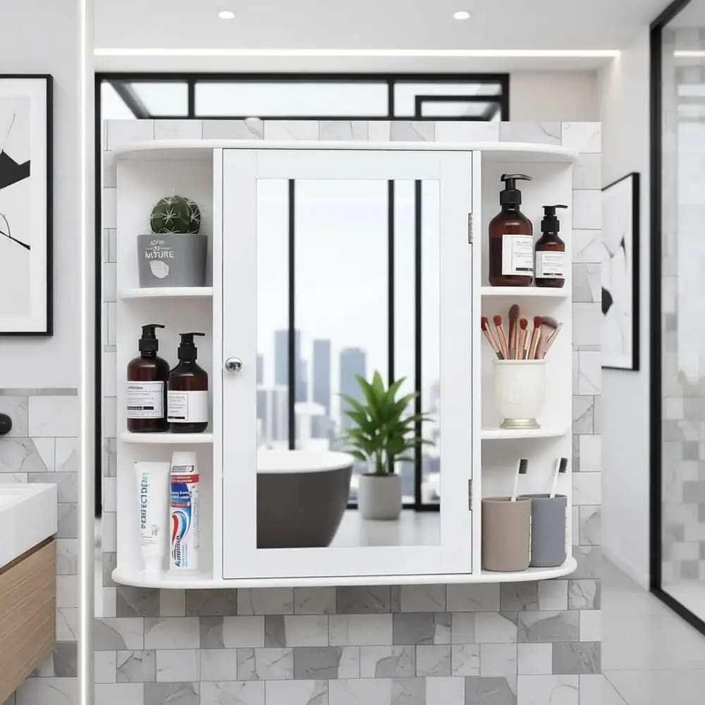 Mobiletto da bagno bianco a parete con specchio, 2 ripiani regolabili e 6 ripiani aperti