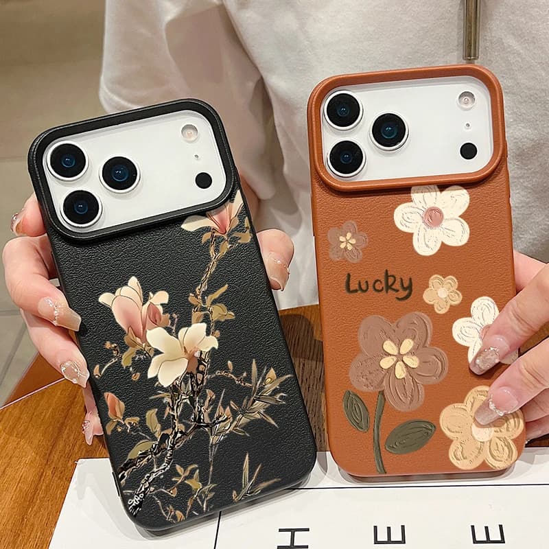 INS Floral Case For iPhone 17 Pro Max iPhone 16 15 14 13 Pro Max 11 17e 16e Luxury Leather Texture Soft Silicone Matte Cover