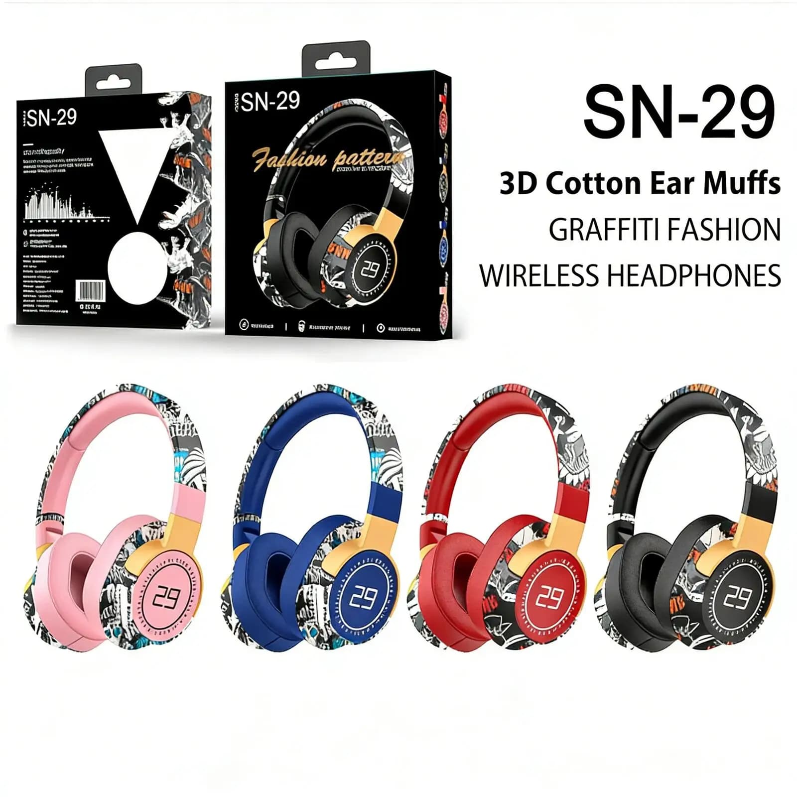 Bluetooth Wireless Headphones Fashion Graffiti with Low Backgrounds, Over-Ear, Ergonomics, Long Battery Life for Music, Gaming, PC/Telephone